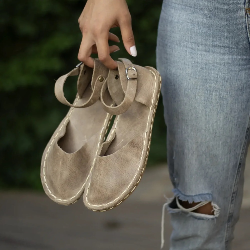 Atlantis Handmade Leather Sandals Women 10 Taupe Brown Ankle Strap Turkey Flat
